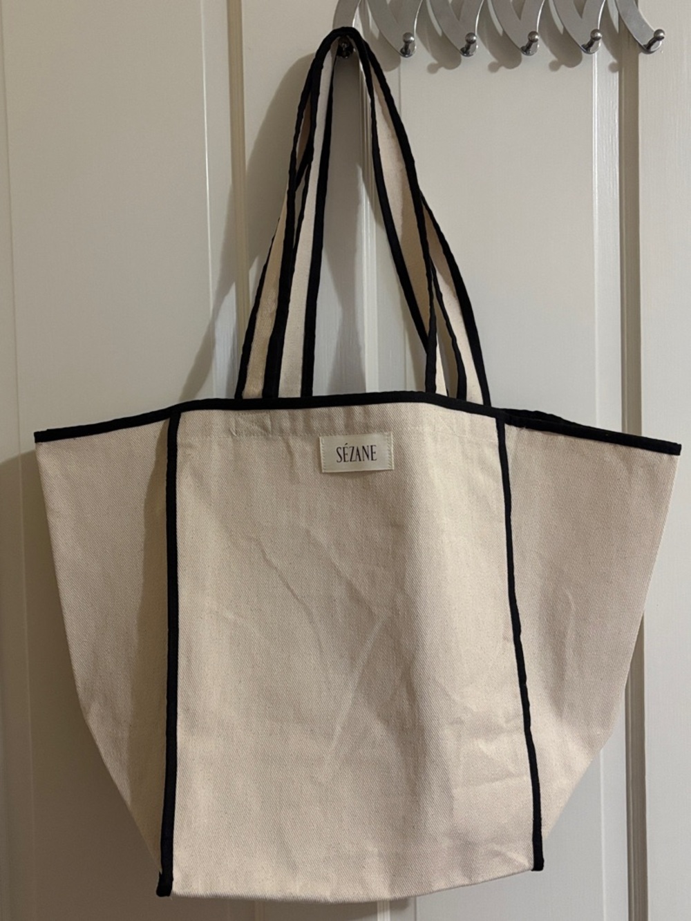 Sezane canvas tote black piping